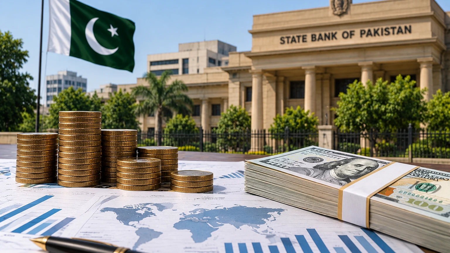 Illustration of dollar bills, coin stacks and financial charts with a Pakistani flag and central-bank-style building in the background