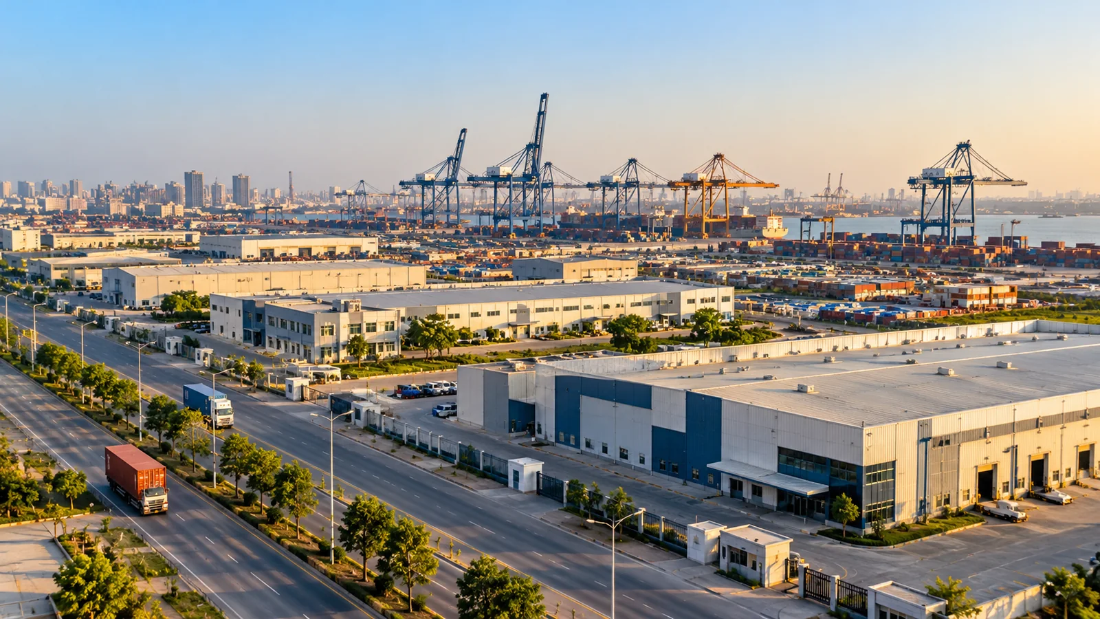 Illustration of an industrial district with warehouses, roads and shipping containers near a port