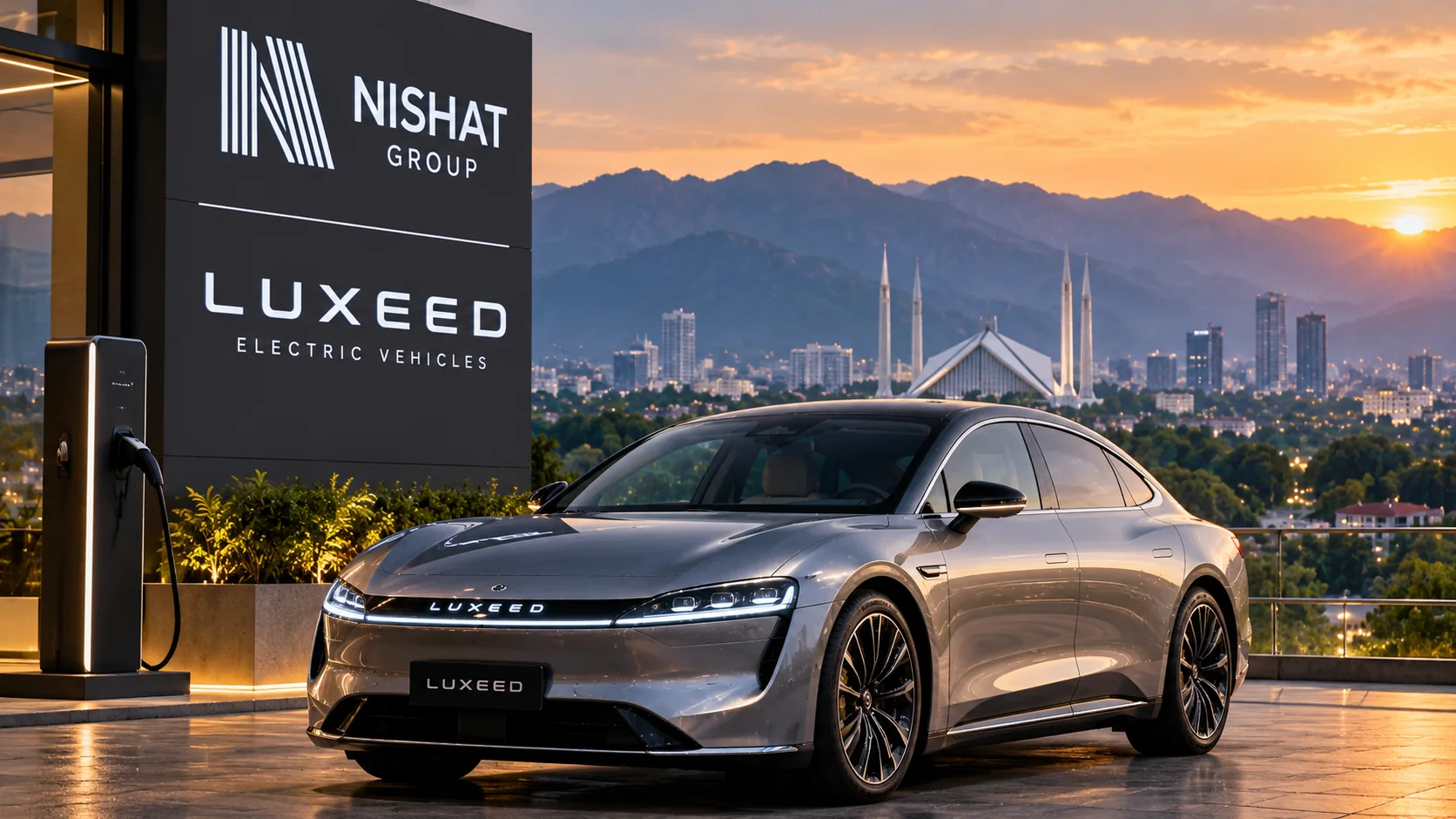 Illustration of a silver LUXEED-branded electric sedan beside a charging station and Nishat Group display in a stylised Islamabad setting
