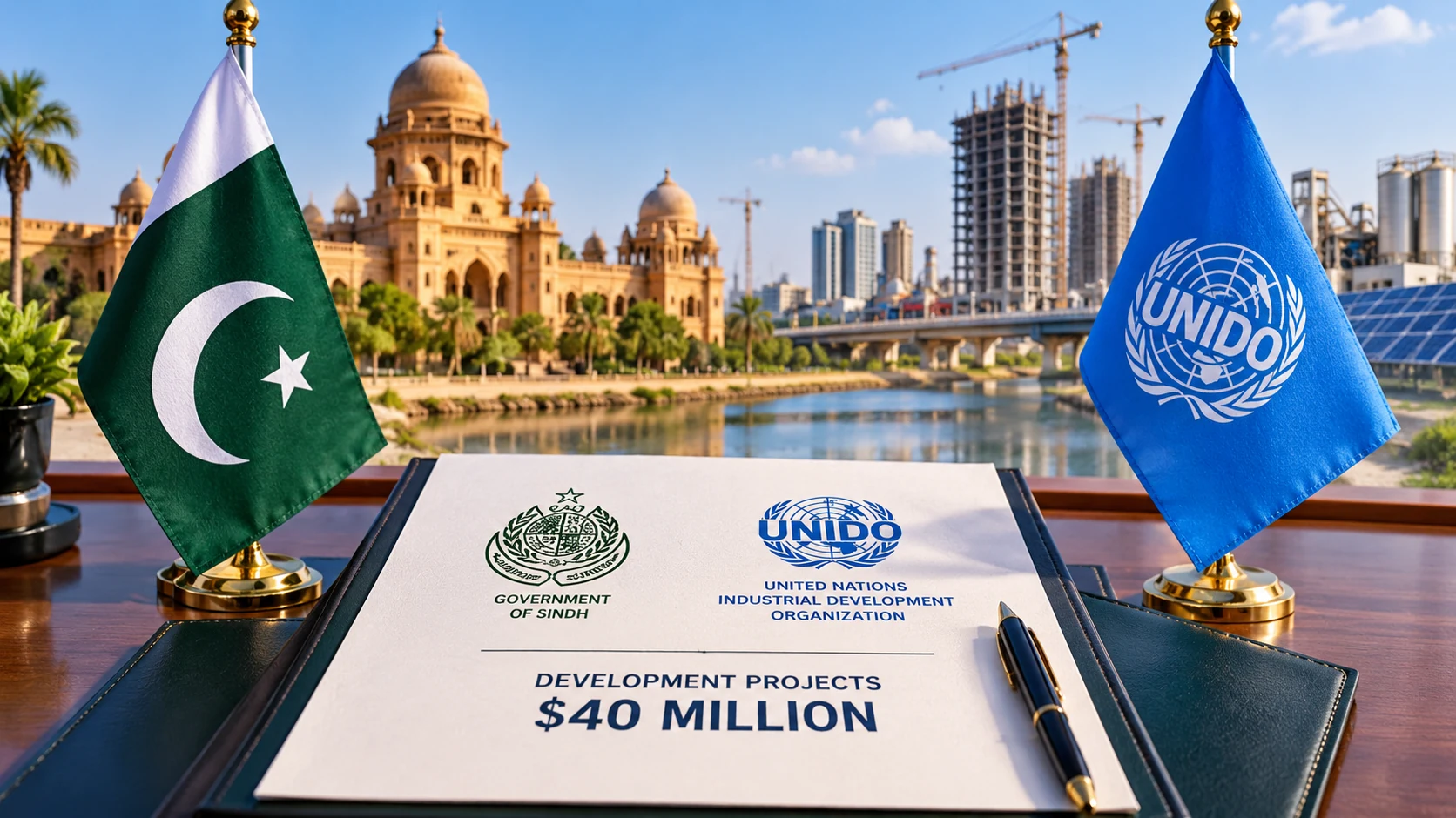 Pakistan and UNIDO desk flags beside a development projects document, with Sindh cityscape behind them