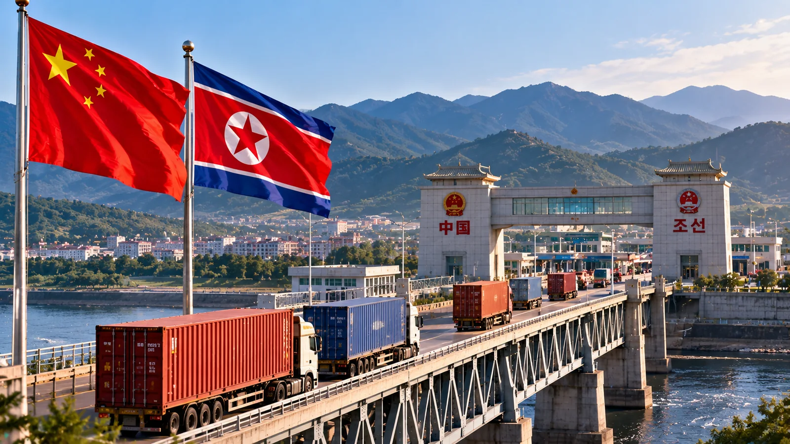Illustration of cargo trucks crossing a China–North Korea border bridge, with both countries’ flags