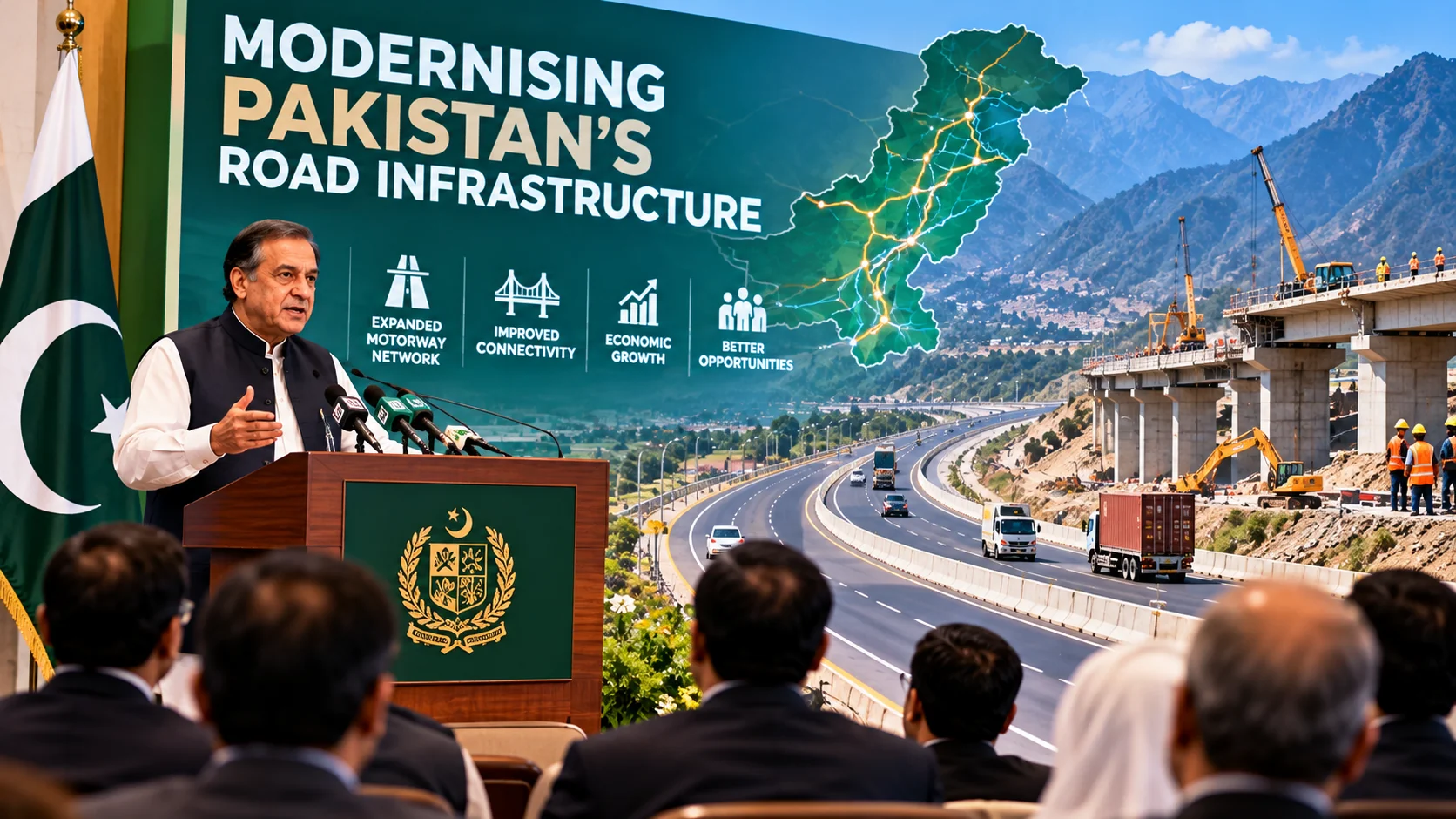 An illustrated Pakistani communications briefing alongside a motorway and bridge construction site.