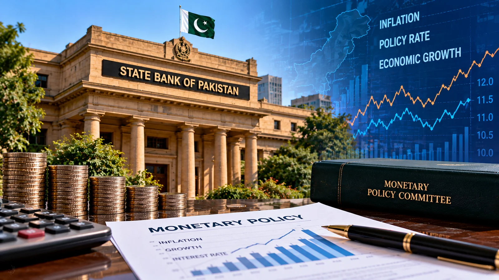 Illustration of the State Bank of Pakistan and monetary policy documents ahead of an interest-rate decision.