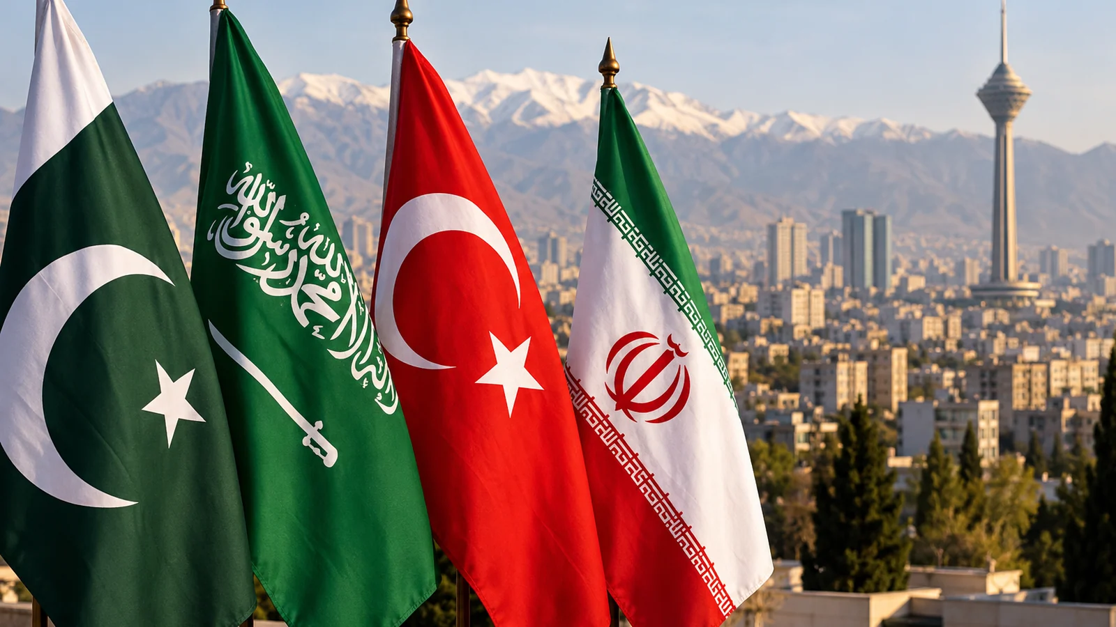 Flags of Pakistan, Saudi Arabia, Türkiye and Iran overlooking an illustrated Tehran skyline.