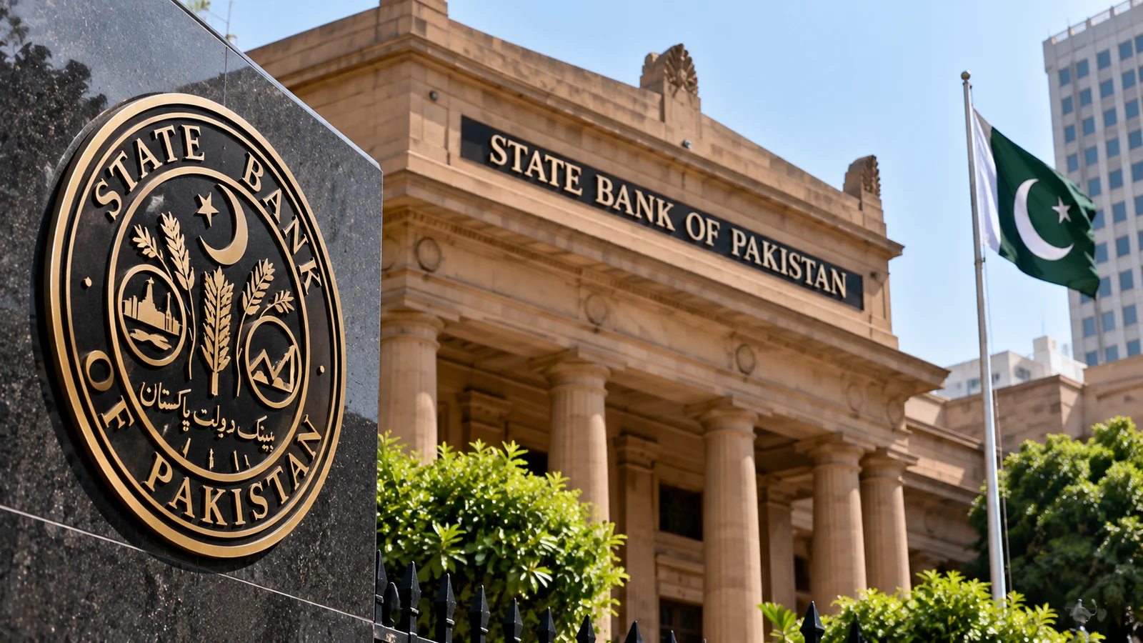 Illustration of the State Bank of Pakistan building and emblem