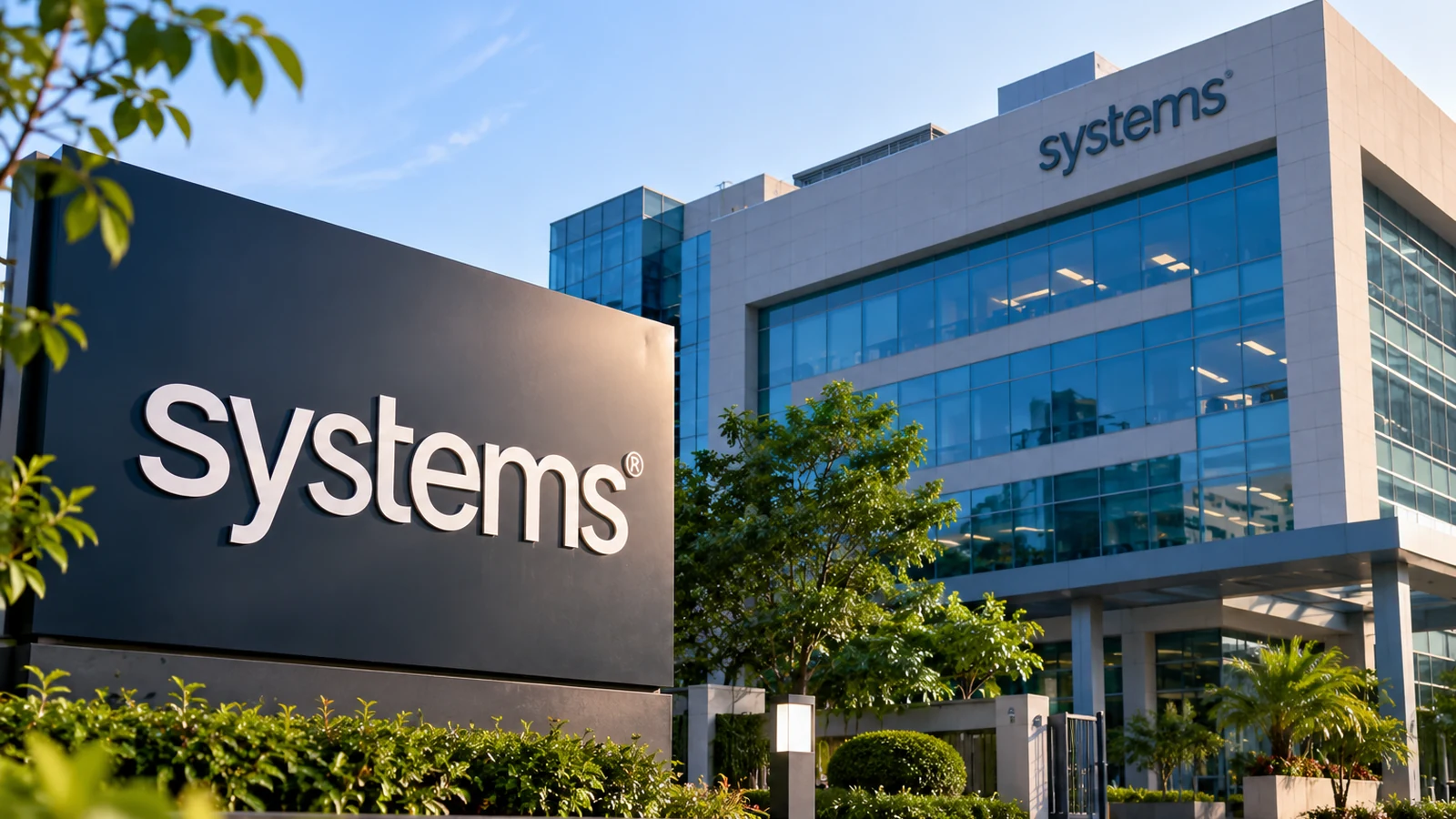 Modern office building with Systems Limited branding, illustrative image.