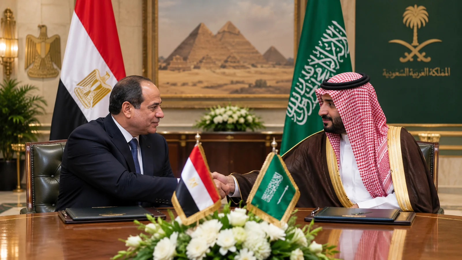 Egyptian and Saudi flags with military defence equipment in a conceptual editorial illustration