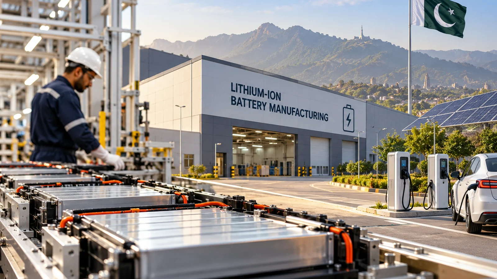 Industrial battery manufacturing equipment and production facilities illustrating Pakistan's proposed lithium-ion battery investment.