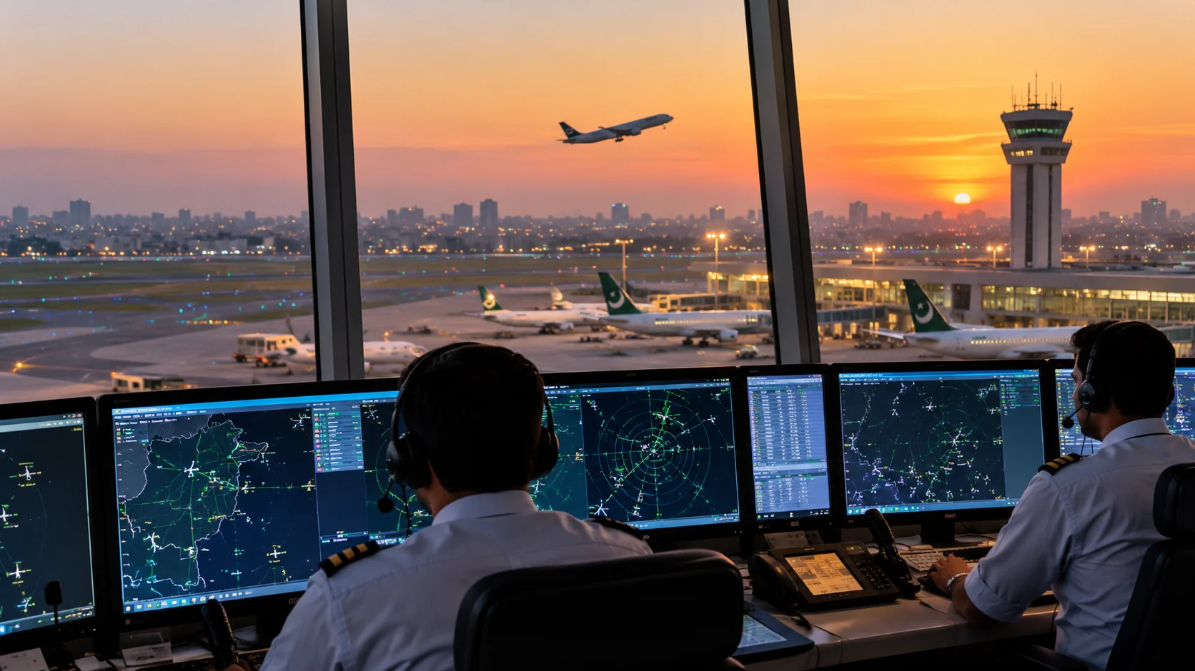 Illustration of air traffic controllers monitoring aircraft movements at a Pakistani airport.