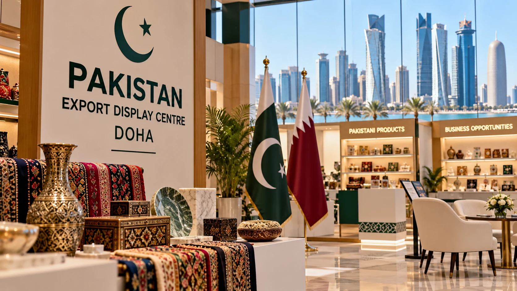 Illustration of Pakistan’s Export Display Centre in Doha, showcasing Pakistani products against the Doha skyline.