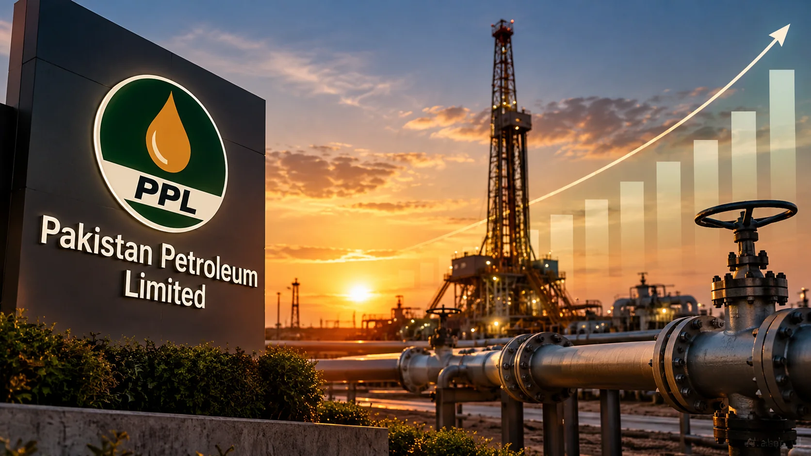 Illustration of petroleum extraction equipment and a PPL sign, with a stylised upward financial trend.