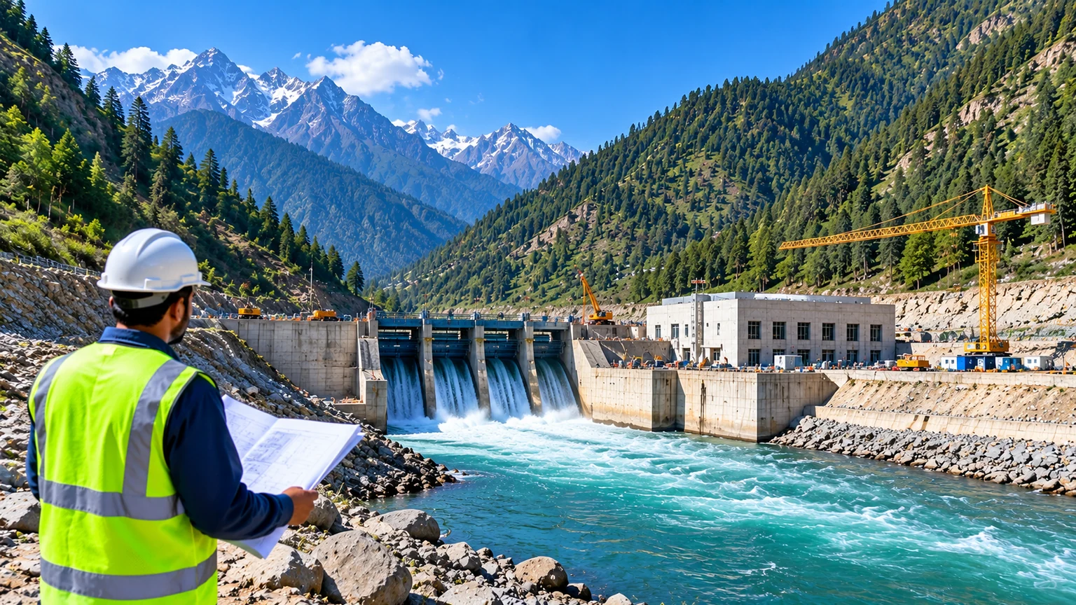 Illustration of an engineer reviewing a hydropower construction project in a mountainous valley.