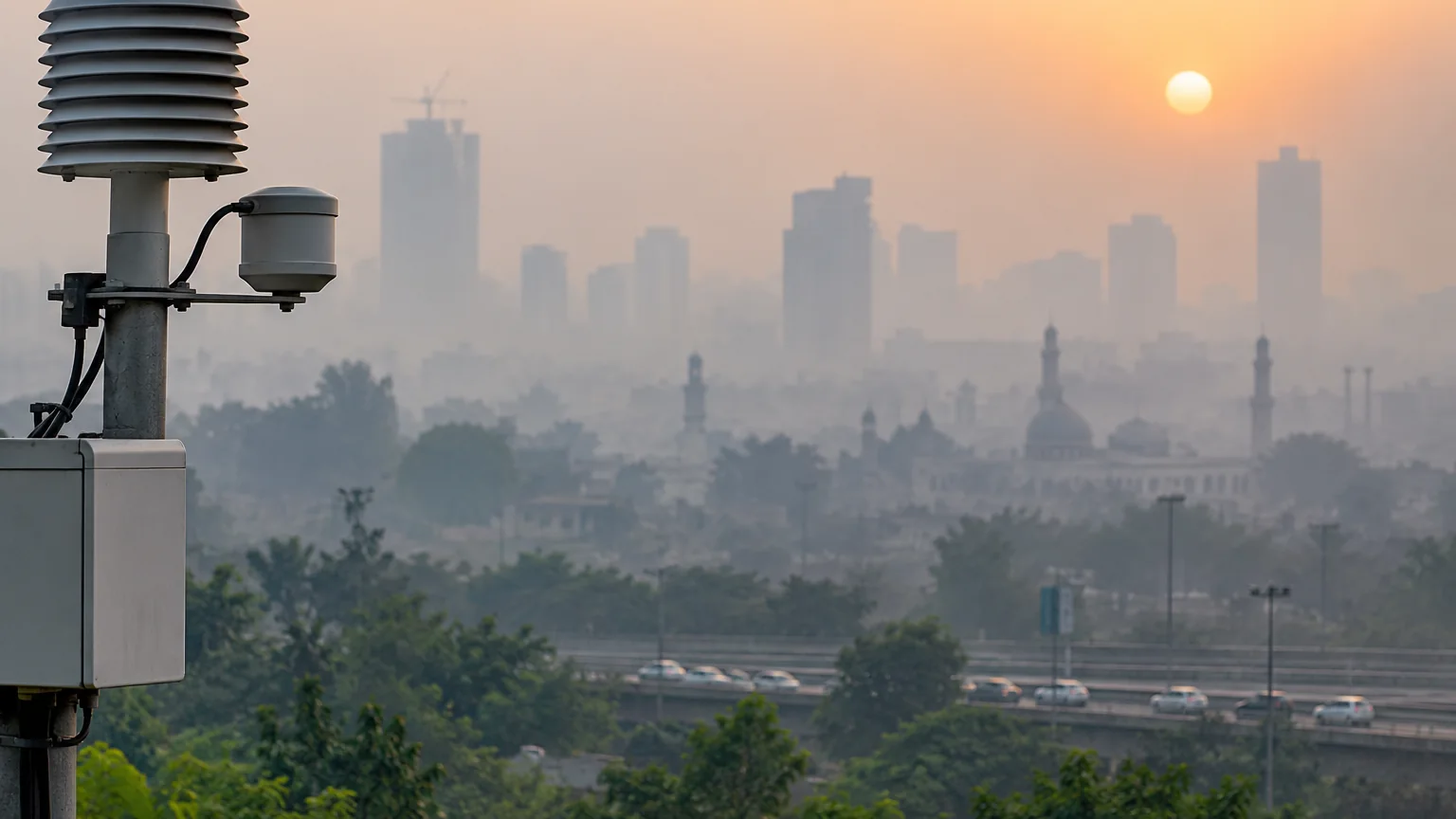 Illustration of an air-quality monitor overlooking a smog-covered Pakistani city.