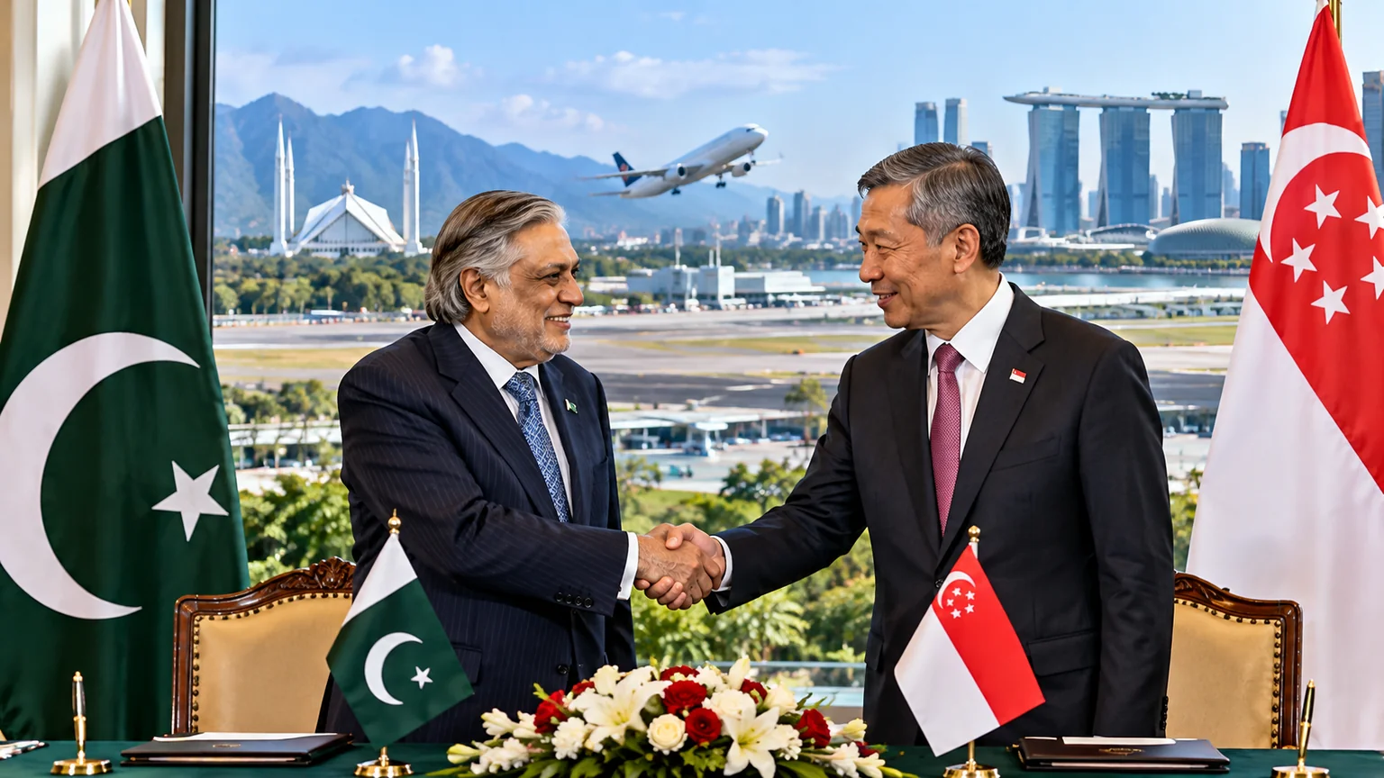 AI-generated illustration representing Pakistan–Singapore diplomatic cooperation and possible direct air links.