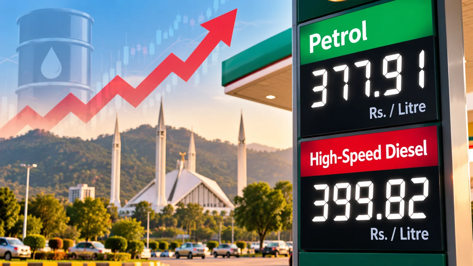 AI-generated illustration of petrol and diesel prices at a Pakistani petrol station.
