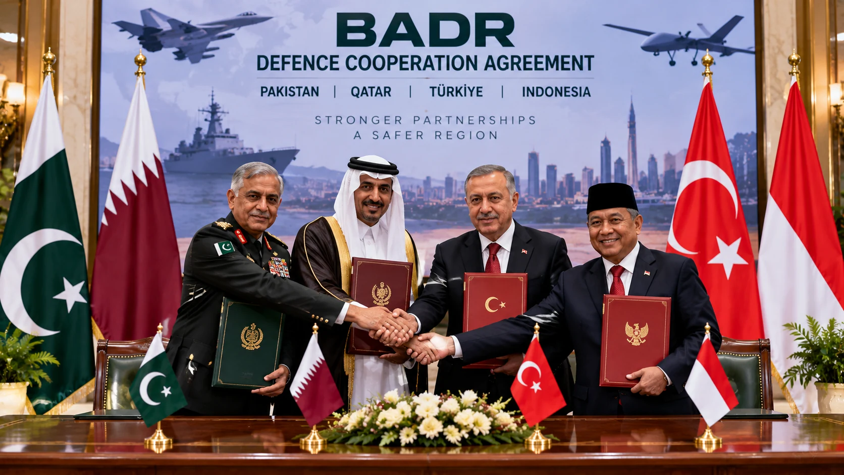 Pakistan, Qatar, Turkiye and Indonesia representatives at a defence cooperation ceremony.