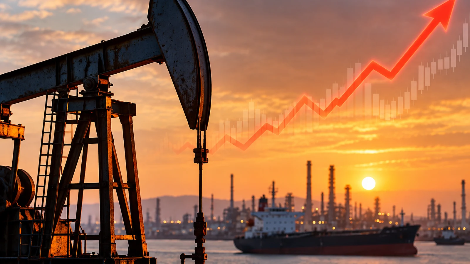 Oil pumpjack, oil tanker and refinery with an upward market-price graphic illustrating elevated global oil prices.