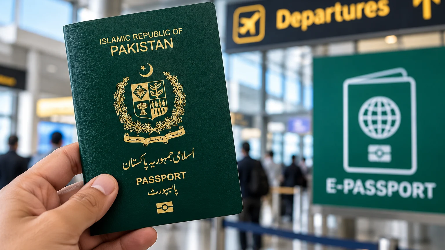 Pakistan electronic passport at an airport departures terminal