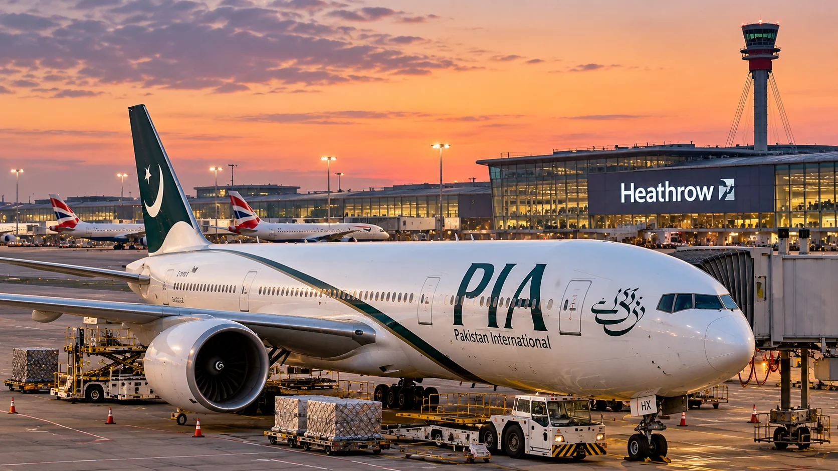 AI illustration of a Pakistan International Airlines aircraft at a stylised London Heathrow airport terminal at sunset