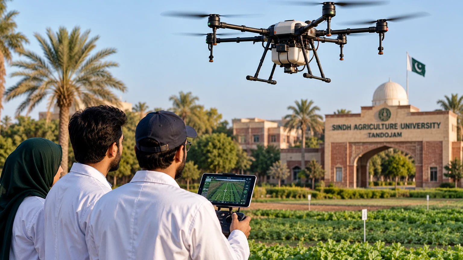 AI illustration of agricultural students operating a drone over green fields at a stylised university campus
