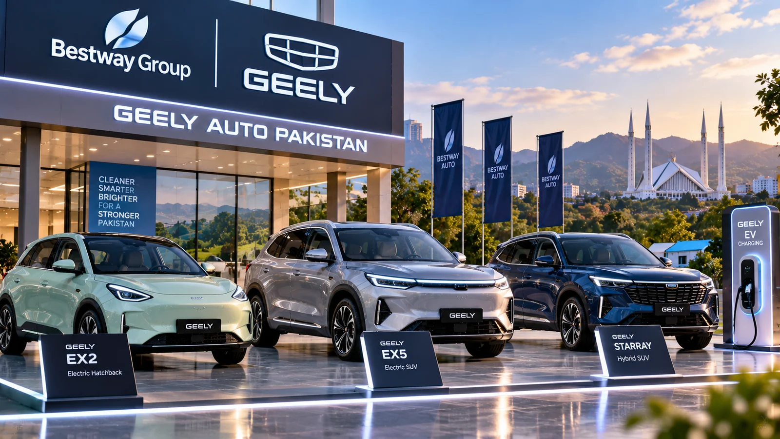 Illustration of Geely vehicles displayed at a Pakistan showroom with electric vehicle charging equipment.