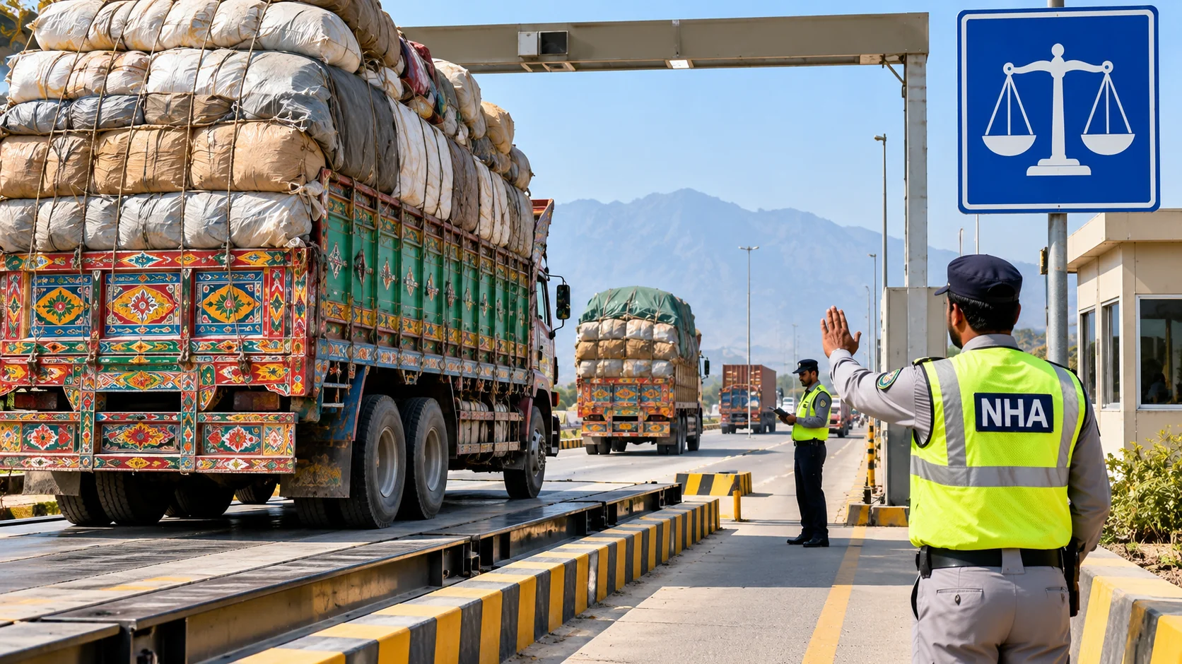 An illustrated cargo truck being checked at a highway weigh station in Pakistan.