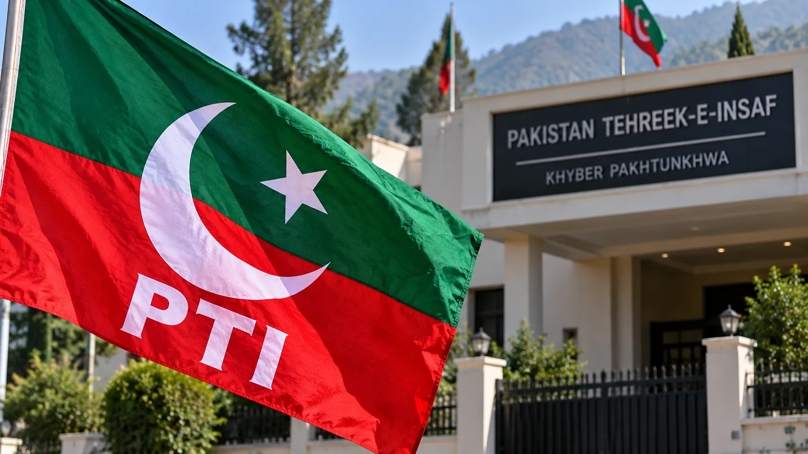 PTI flag in front of an illustrated Khyber Pakhtunkhwa party office