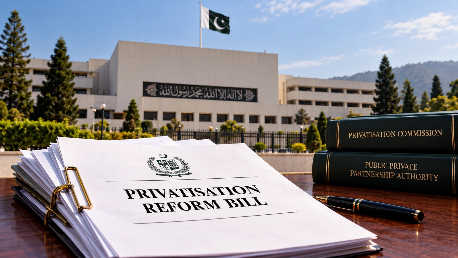 Illustration of privatisation reform documents in front of Pakistan’s parliament.