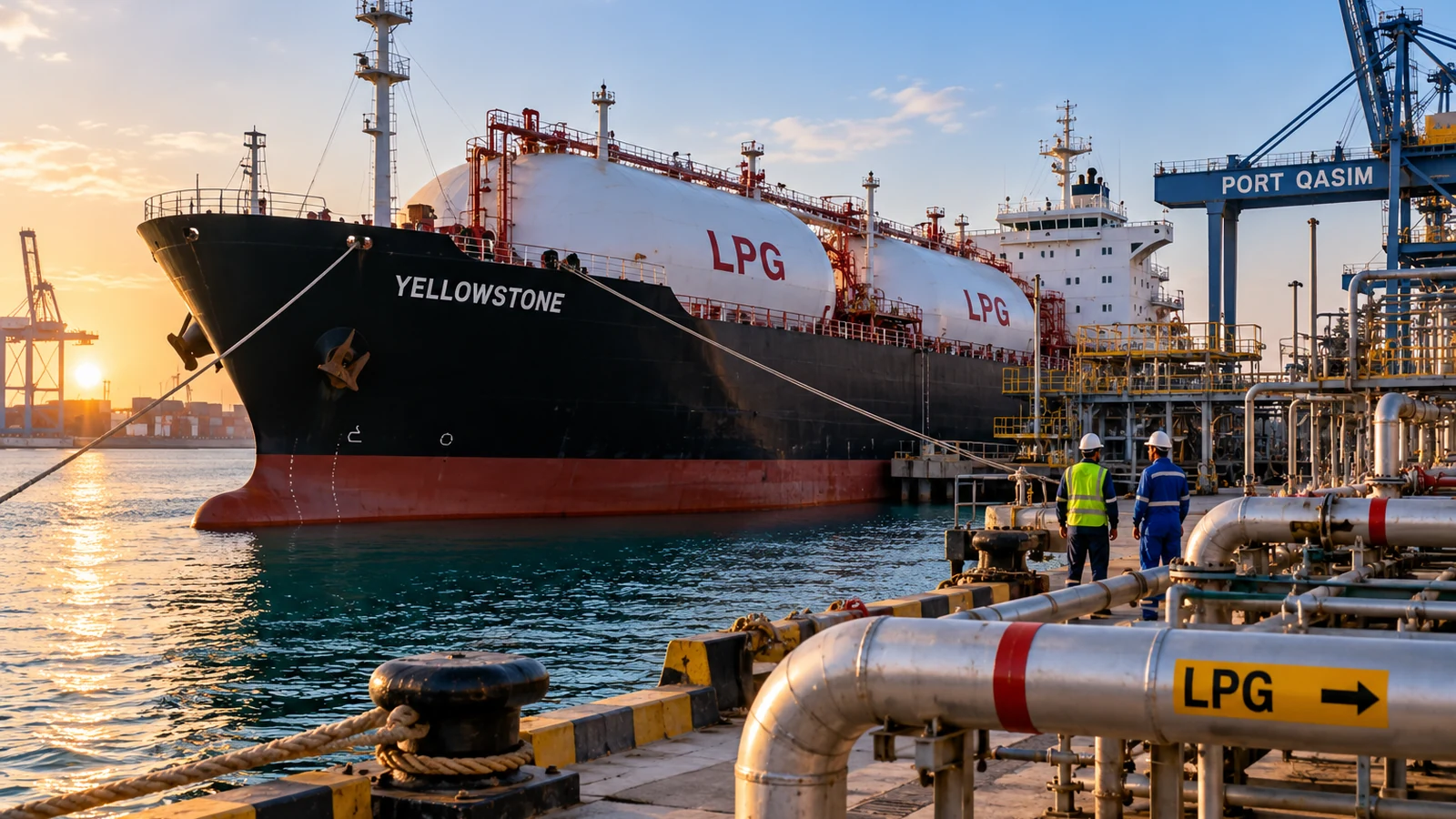 LPG tanker docked at an illustrative Port Qasim terminal.