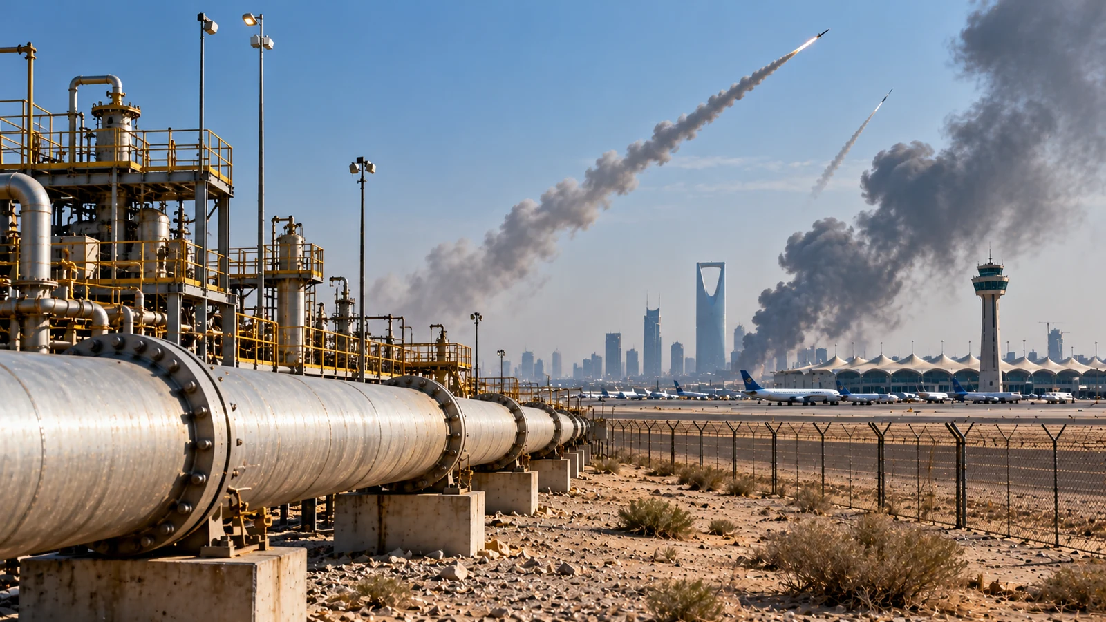Illustration of Saudi energy infrastructure and airport amid regional security concerns.