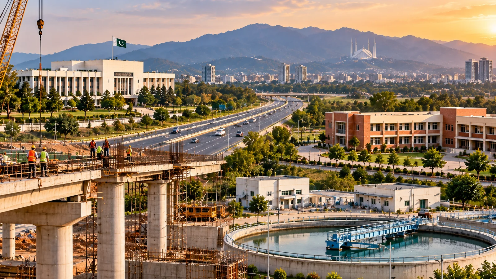 Illustrated Pakistani development infrastructure including roads, civic buildings and a water treatment facility.