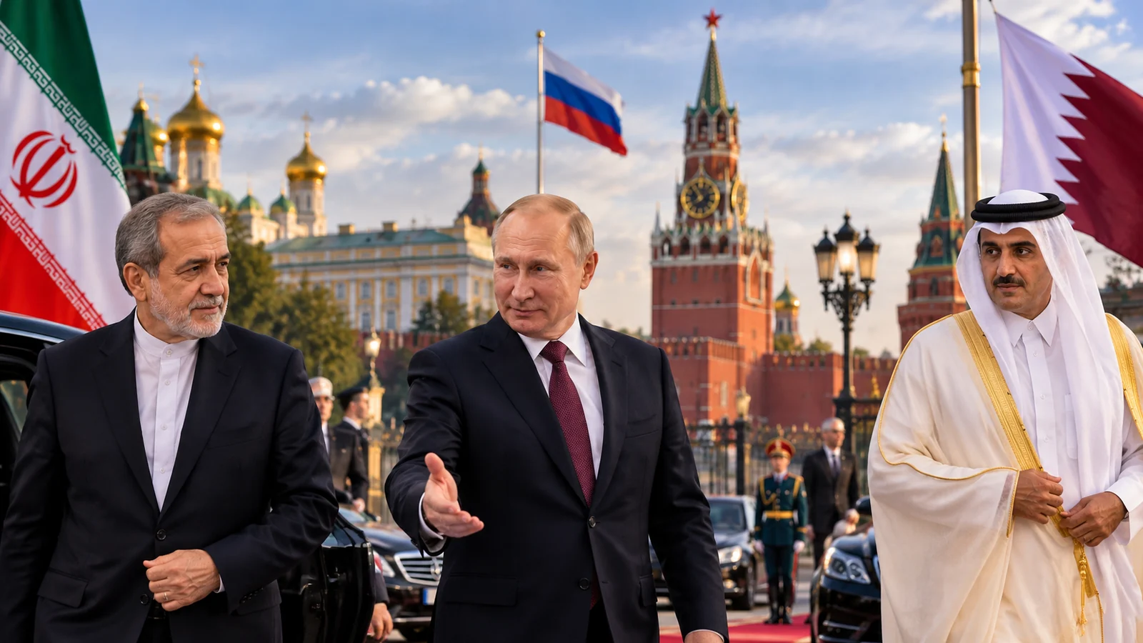 Conceptual illustration of Russian, Iranian and Qatari leaders in Moscow; not a photograph of an actual joint meeting
