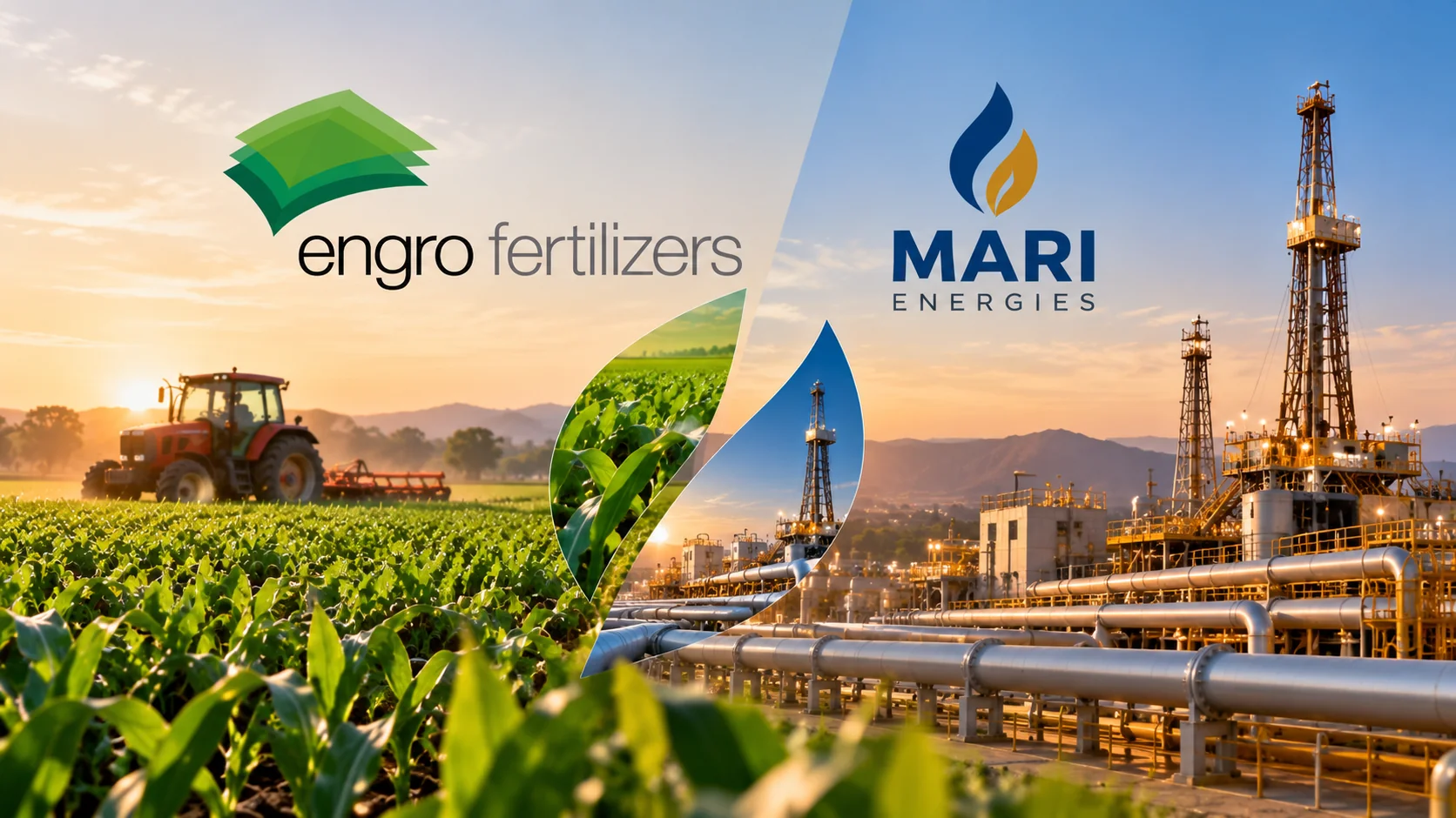 Illustration combining agricultural fields and energy infrastructure to represent Engro Fertilizers and Mari Energies.