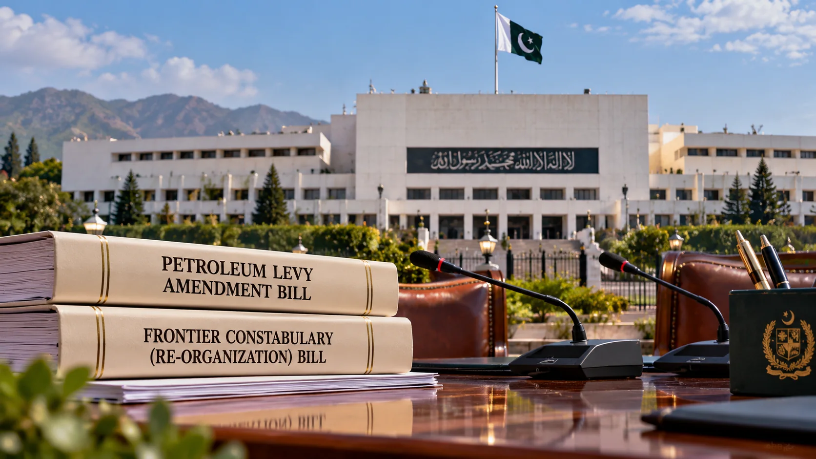 Illustration of Pakistan’s parliament with microphones and documents representing proposed legislation.