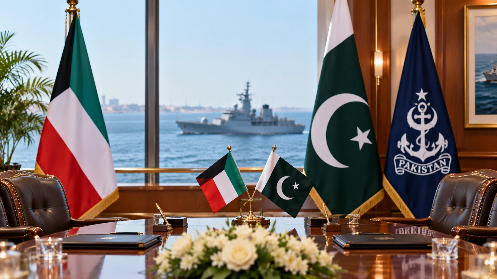 Illustration of an empty naval meeting room with Pakistani and Kuwaiti flags and a ship at sea.