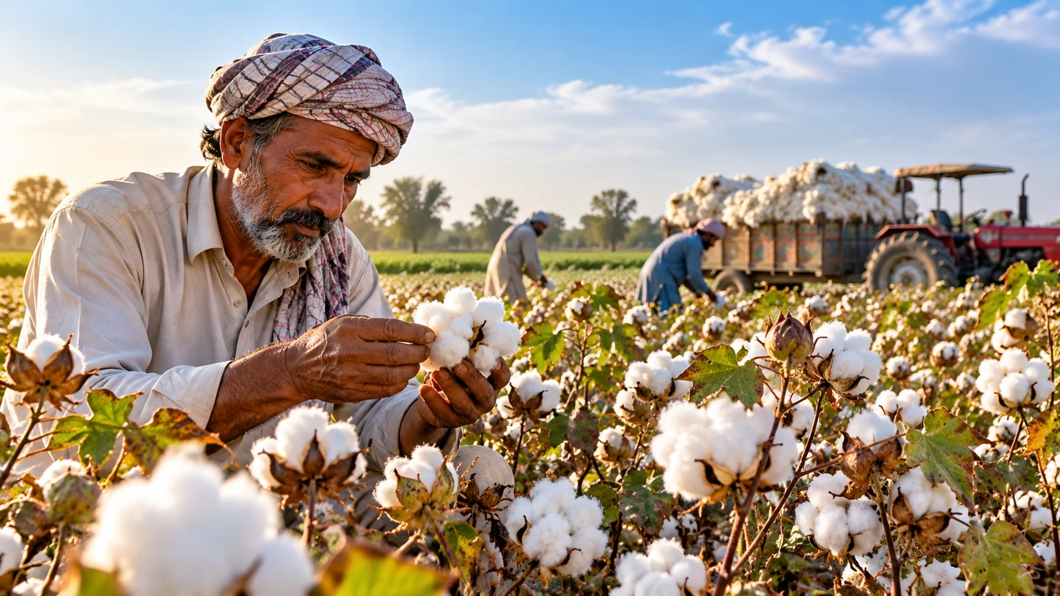 Illustration of a Pakistani farmer inspecting cotton bolls during harvest.