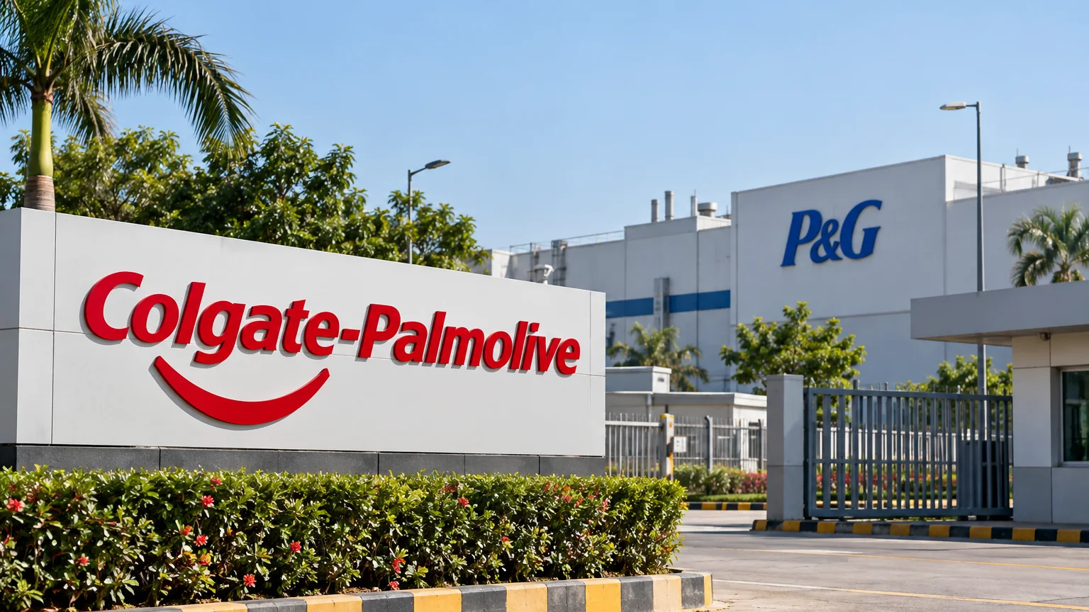 AI illustration showing Colgate-Palmolive signage near a P&G-branded industrial facility.