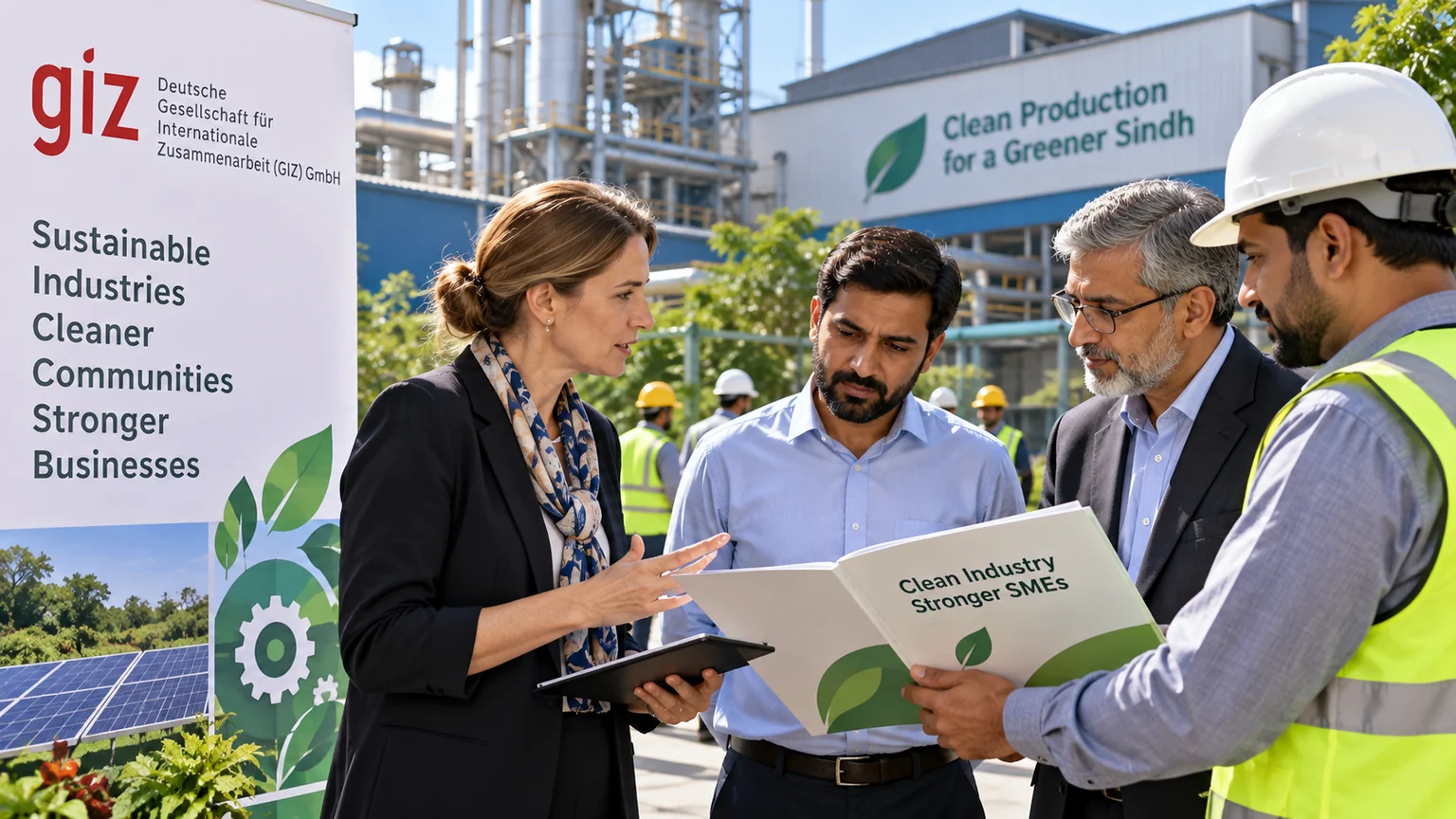 AI-generated illustration of environmental sustainability advisers and industrial representatives reviewing cleaner production plans.