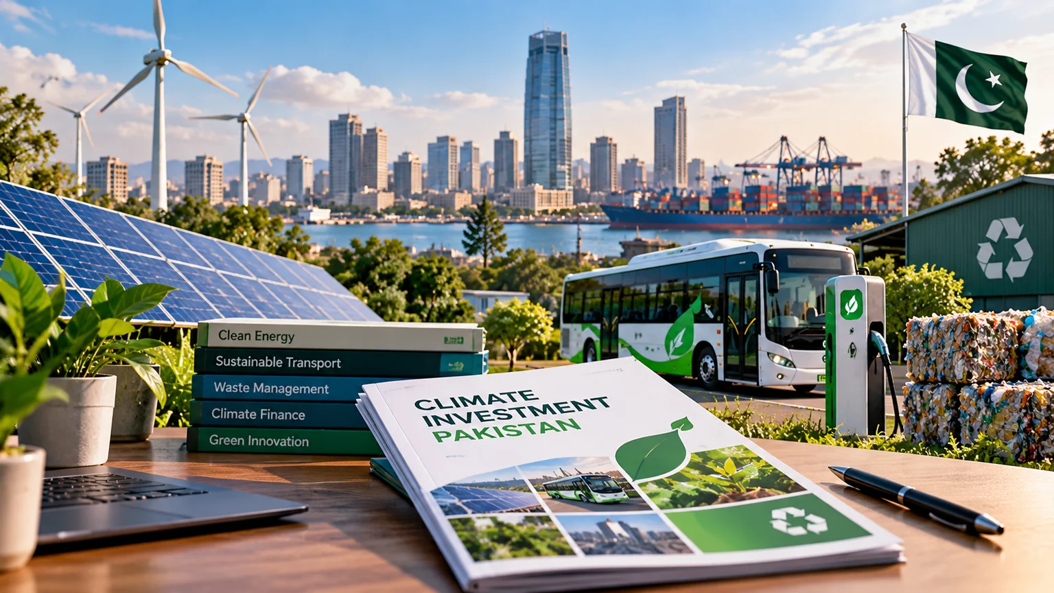 AI-generated illustration of clean energy, electric transport and climate investment in Pakistan.