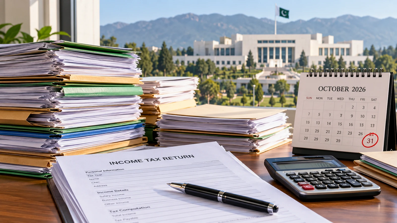 Income tax return paperwork, calculator and October 2026 deadline calendar in a Pakistan-inspired office setting.