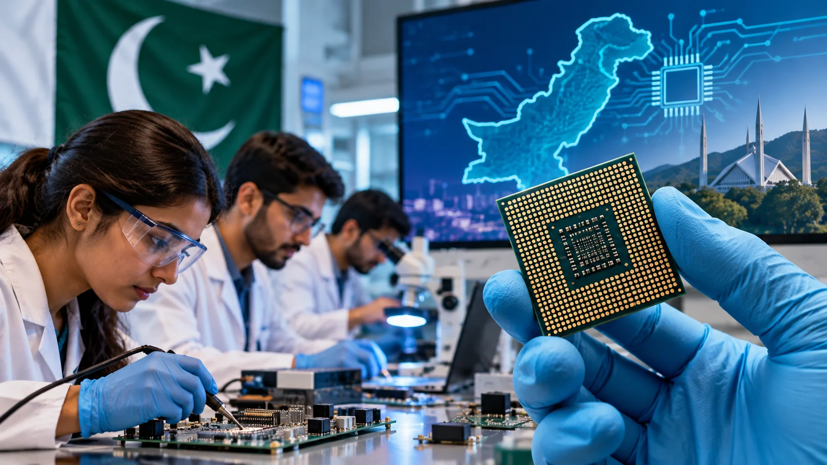 Pakistani researchers working on semiconductor chip design in a laboratory