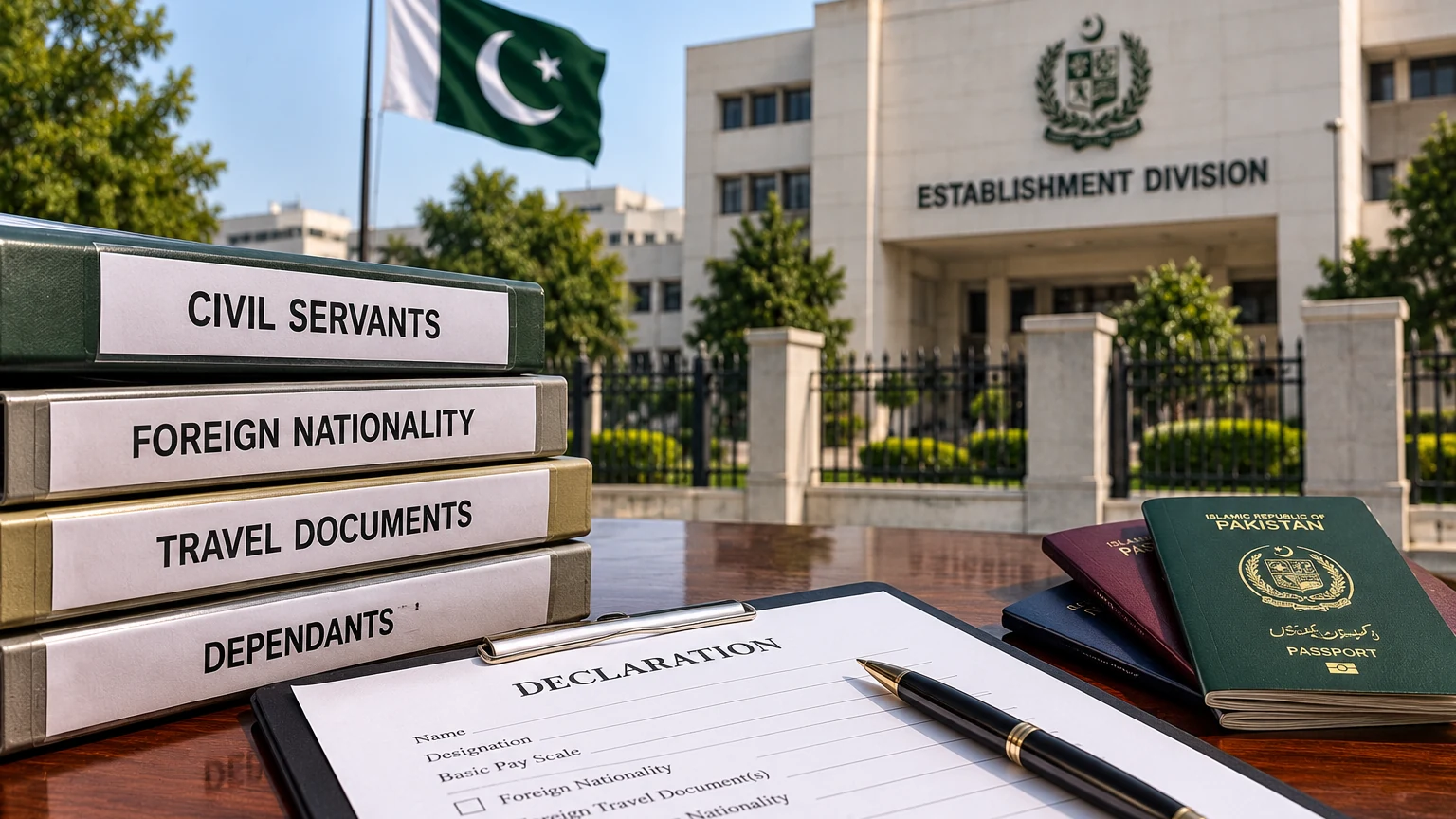 AI illustration of nationality declaration forms, Pakistani passports and binders on a desk in front of a stylised government building