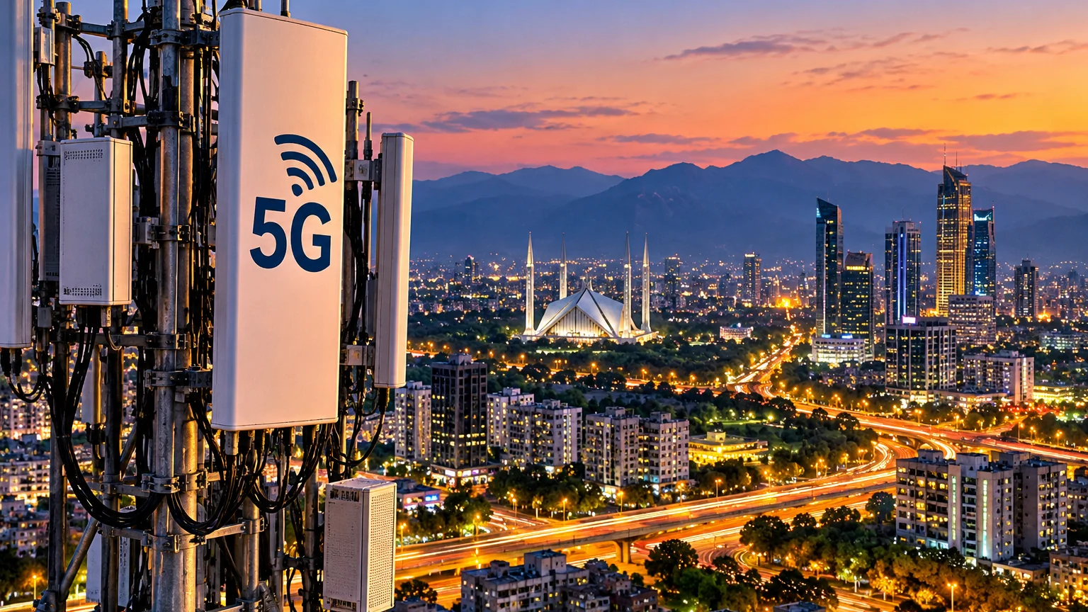 AI illustration of a 5G telecom antenna overlooking a stylised Islamabad skyline at sunset