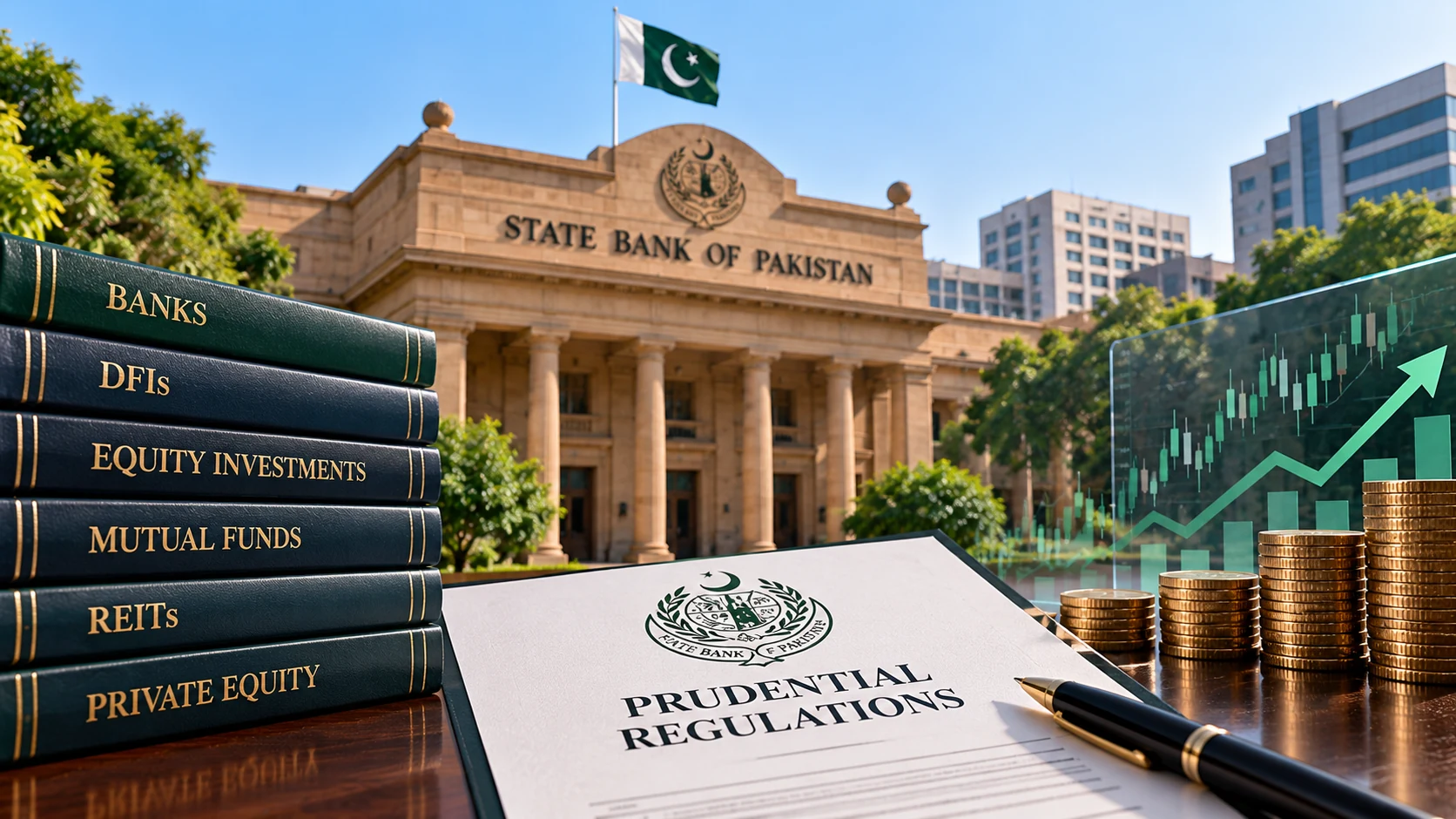 State Bank of Pakistan building with financial regulation documents and investment symbols