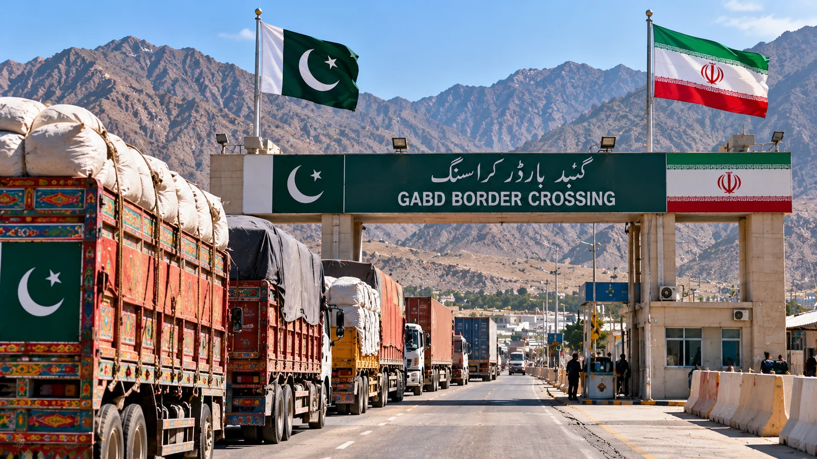 Illustration of freight trucks at the Gabd border crossing between Pakistan and Iran.