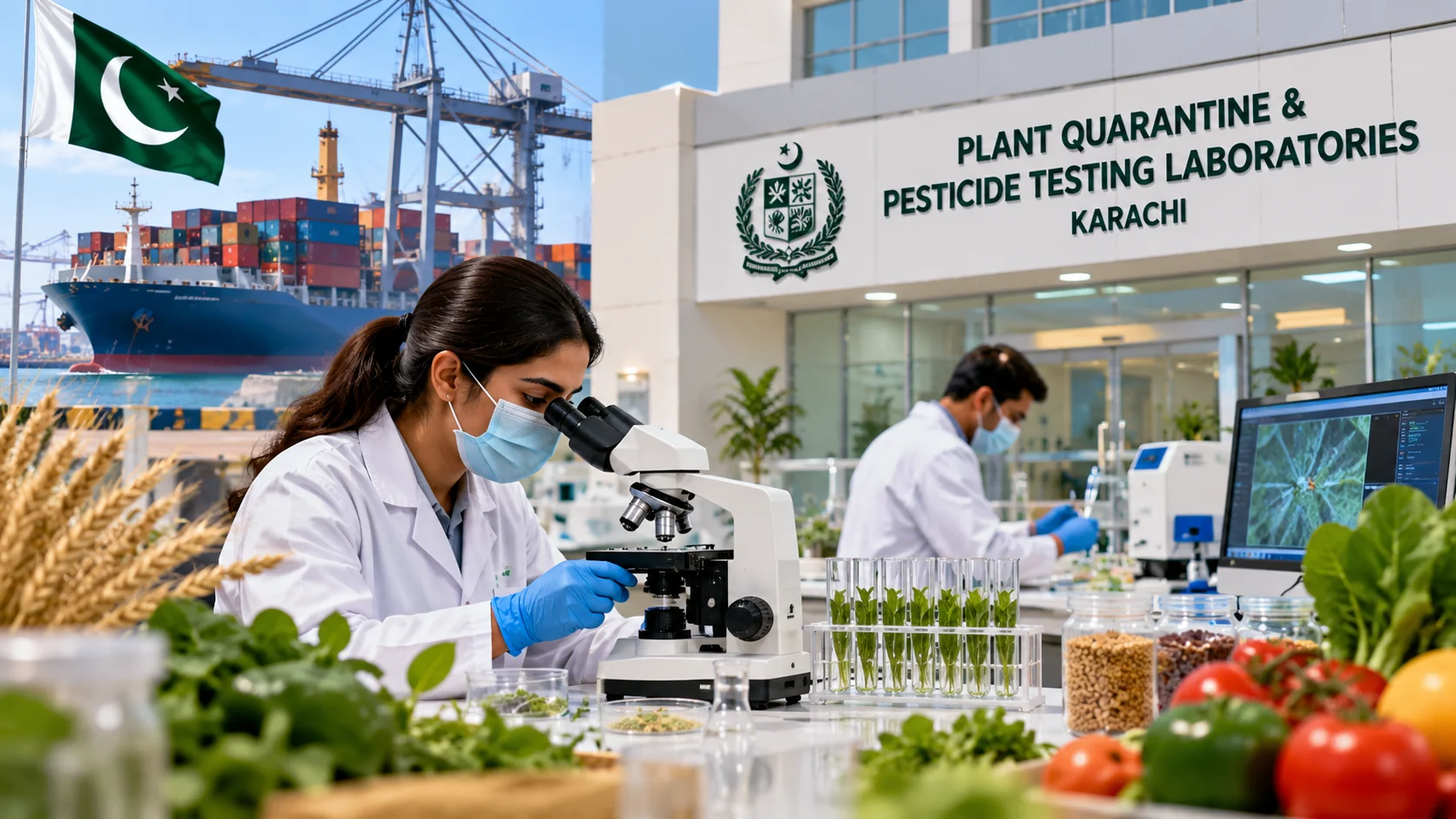 An illustrated agricultural scientist using a microscope at a plant quarantine laboratory near Karachi port.