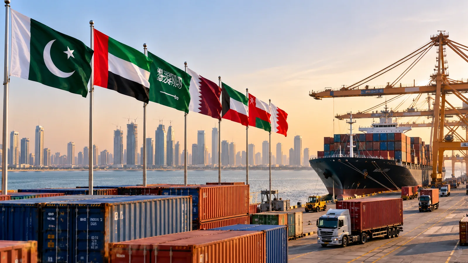 Container port with Pakistan and Gulf country flags representing regional trade