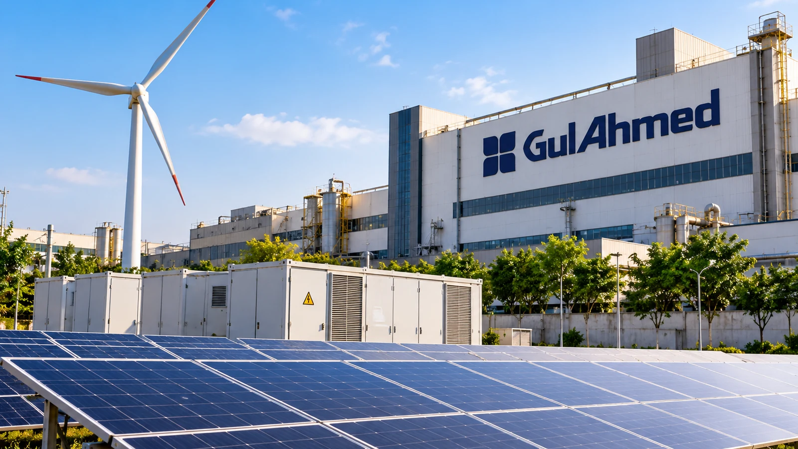 Illustration of Gul Ahmed textile facility with solar panels, wind turbine and energy storage.
