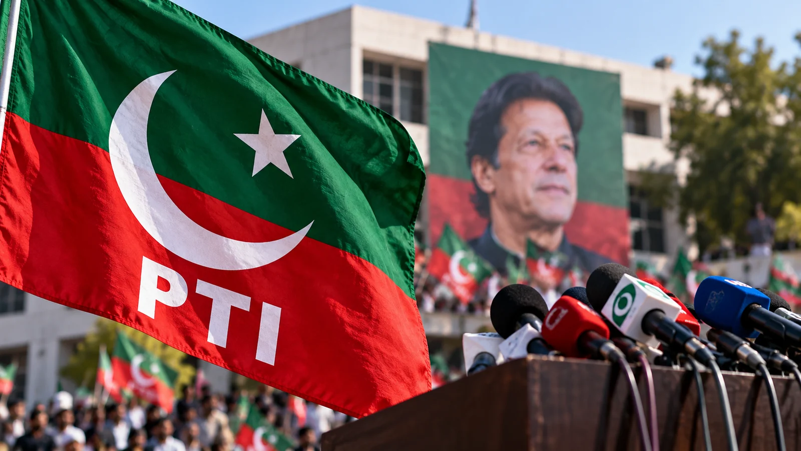 PTI party flag and microphones at an illustrative political briefing setting.