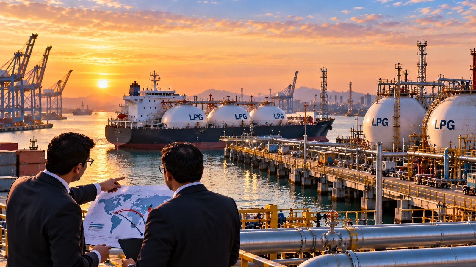 LPG carrier at an international gas terminal as trade planners review global shipping routes.